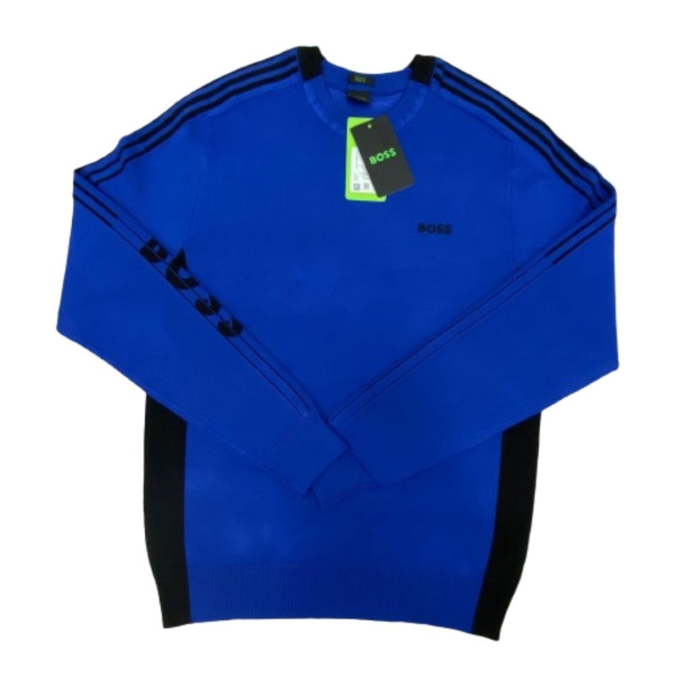 NWT Hugo Boss Men's Color Blocked Cotton Blend Sweater Striped Logo Blue S-XXL